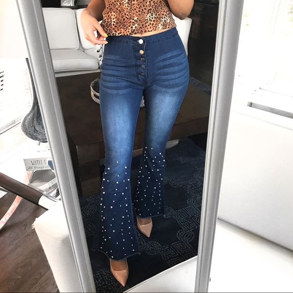 🆕 DARK BLUE DENIM PEARL BELL SHAPE BOTTOM JEANS - Picture 3 of 11